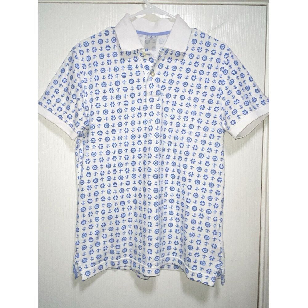 Brooks Brothers Polo Mens Medium White Blue Anchor Performance Slim Fit Cotton
